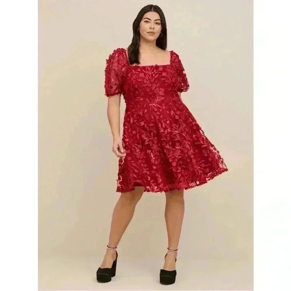 Torrid 3D Floral Mesh Puff Sleeve Skater Dress Holiday Event Red